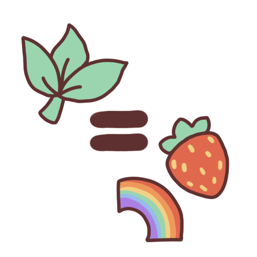 a three-leafed plant and a strawberry with a rainbow next to it with an equal sign between them
